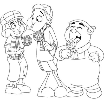 Desenho de contorno para colorir mostrando Chaves, Quico e Nhonho segurando pirulitos grandes e redondos com desenhos de espiral.