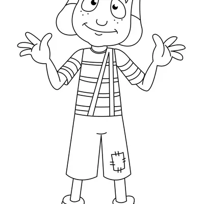 Desenho de contorno em preto e branco do personagem Chaves em pé, com as mãos abertas, usando chapéu xadrez, camiseta listrada e bermuda com um remendo.
