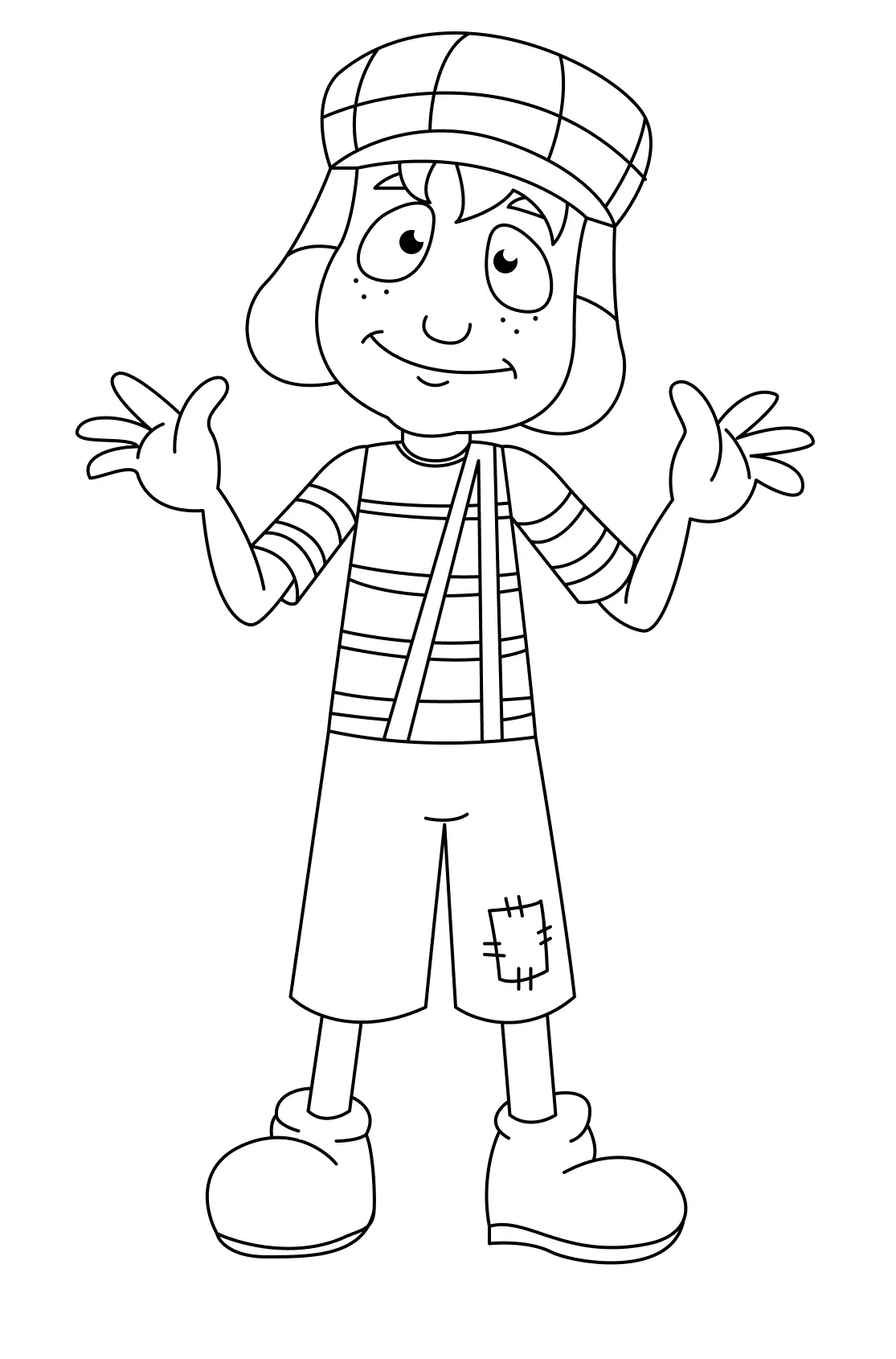 Desenho de contorno em preto e branco do personagem Chaves em pé, com as mãos abertas, usando chapéu xadrez, camiseta listrada e bermuda com um remendo.