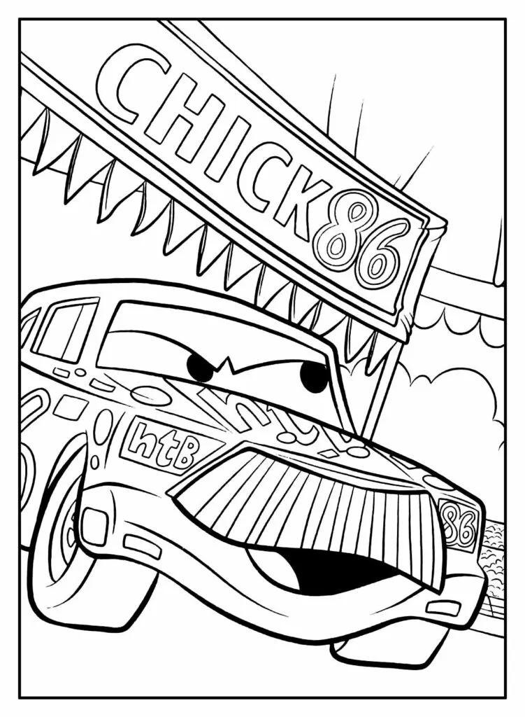 Desenho de contorno do personagem Chick Hicks do filme Carros da Disney, posicionado em frente a um letreiro escrito CHICK 86.