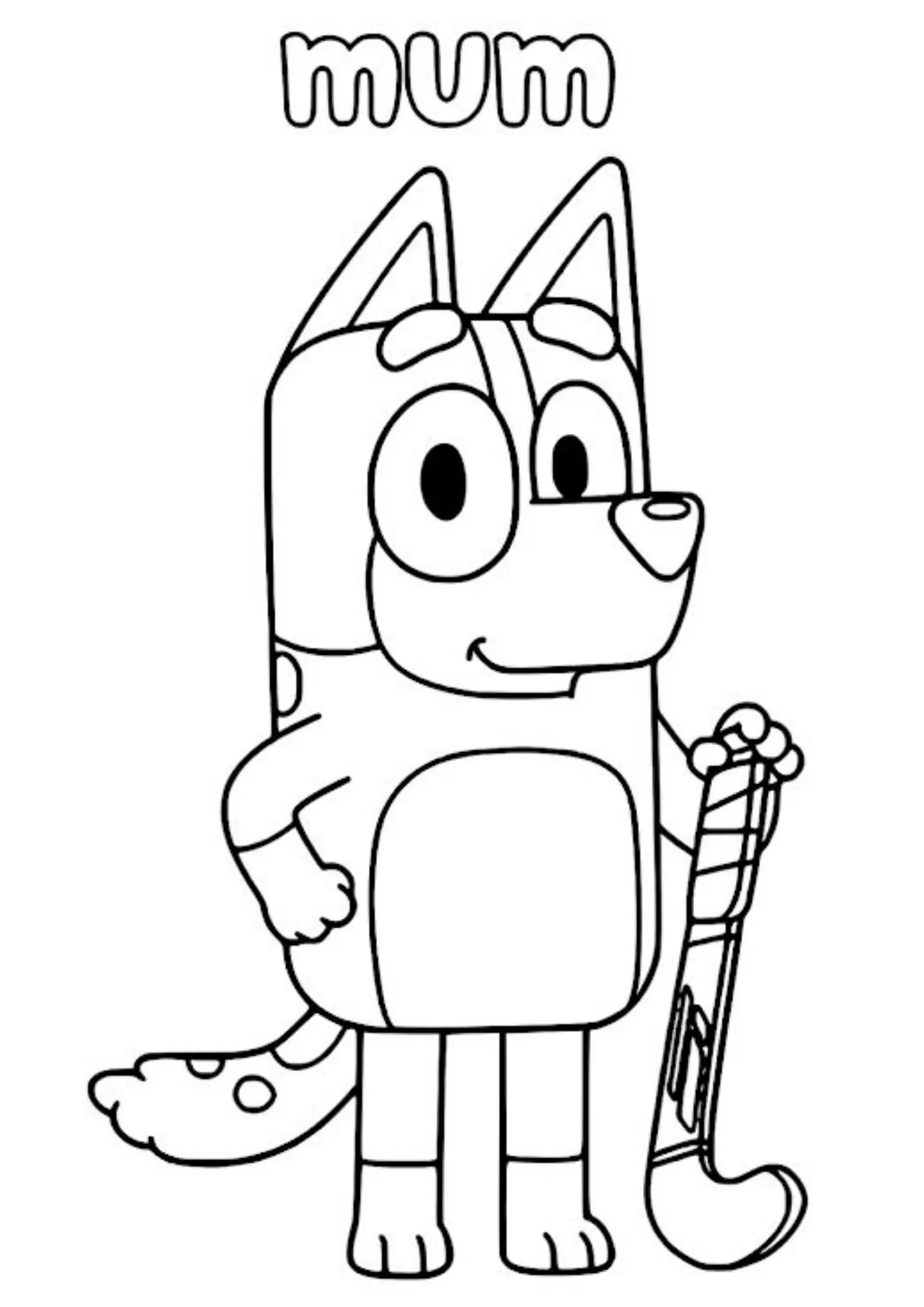 Desenho de contorno da Chilli Heeler sorrindo, segurando um taco de hóquei, com a palavra "MUM" escrita acima em letras arredondadas.