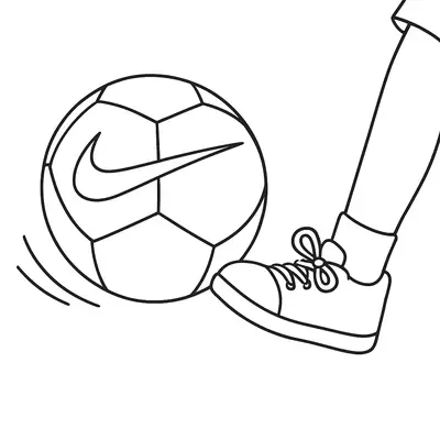 Desenho de contorno de um pé com tênis chutando uma bola de futebol que possui o logotipo da Nike, com linhas de movimento ao lado.