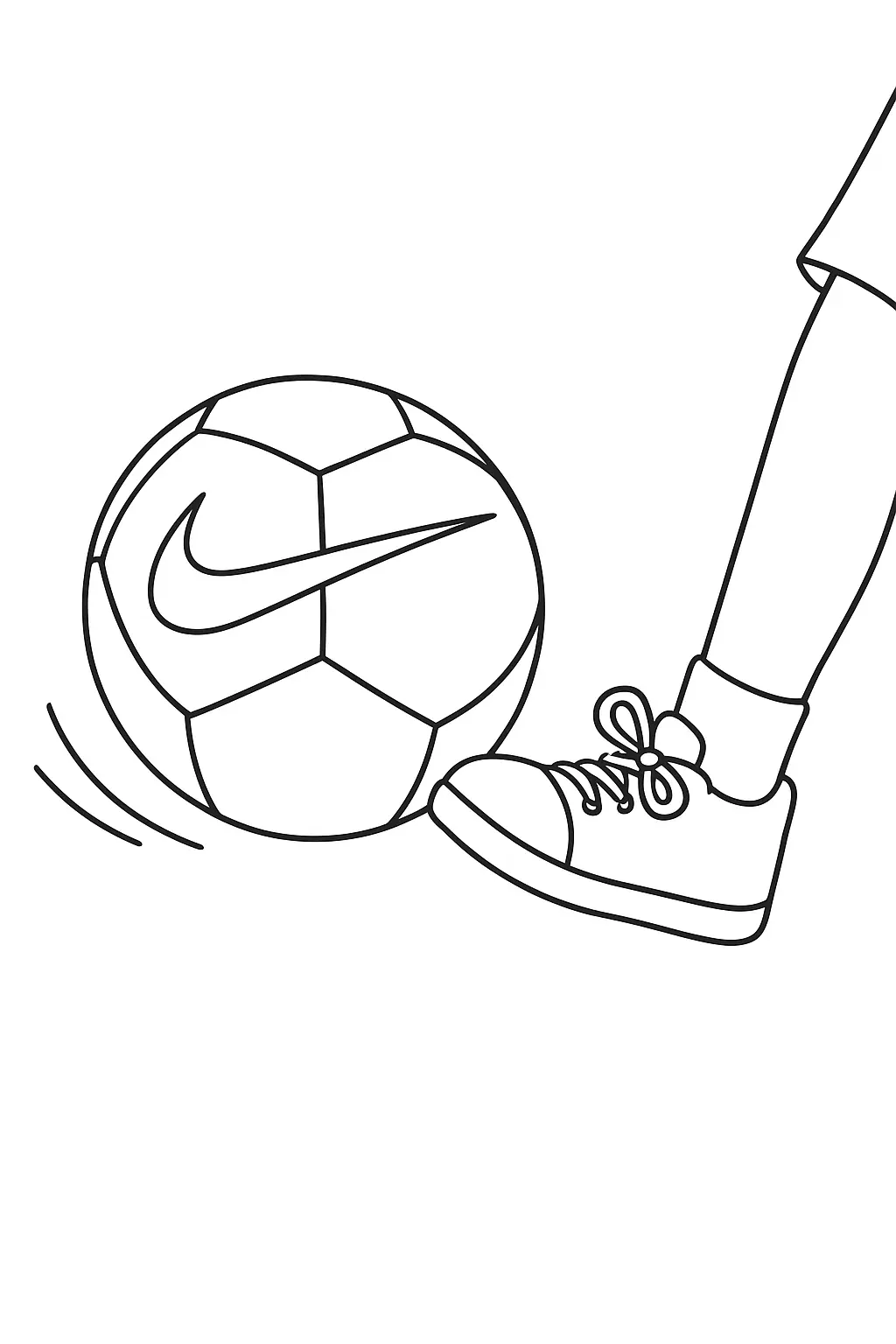 Desenho de contorno de um pé com tênis chutando uma bola de futebol que possui o logotipo da Nike, com linhas de movimento ao lado.