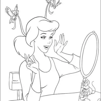 Desenho de contorno da Cinderela sentada à mesa, olhando-se em um espelho de mão segurado por dois ratinhos, enquanto passarinhos voam com fitas em seu cabelo.