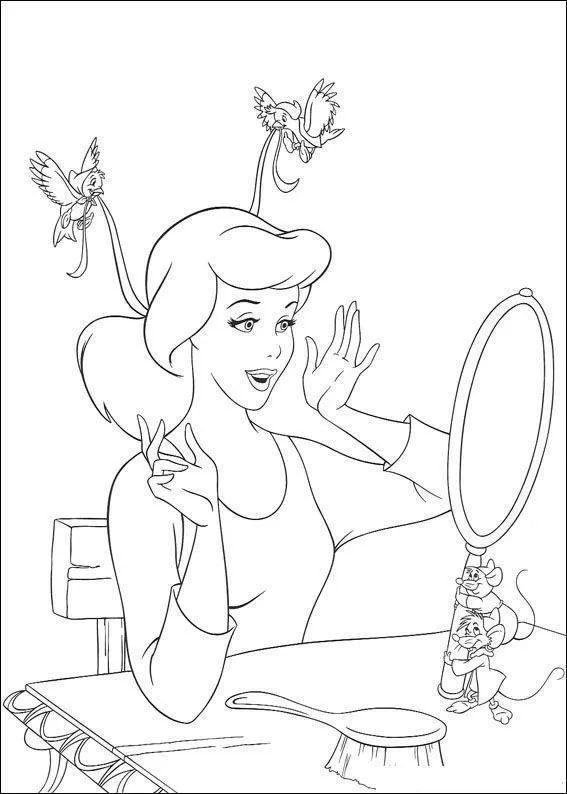 Desenho de contorno da Cinderela sentada à mesa, olhando-se em um espelho de mão segurado por dois ratinhos, enquanto passarinhos voam com fitas em seu cabelo.