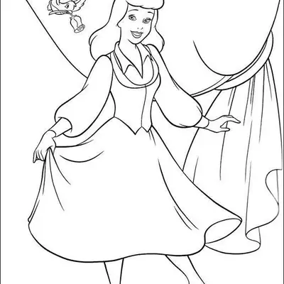 Desenho de contorno da Cinderela usando vestido simples, segurando a saia e sorrindo para um passarinho que voa trazendo uma pequena flor no bico.
