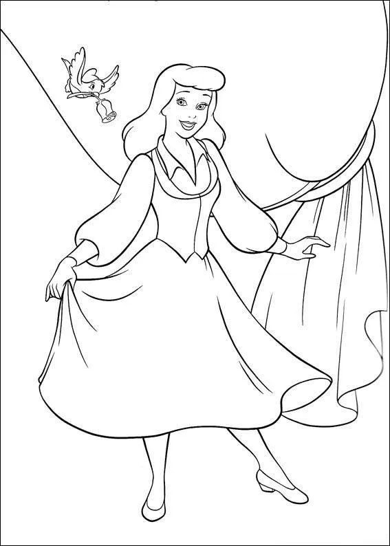 Desenho de contorno da Cinderela usando vestido simples, segurando a saia e sorrindo para um passarinho que voa trazendo uma pequena flor no bico.