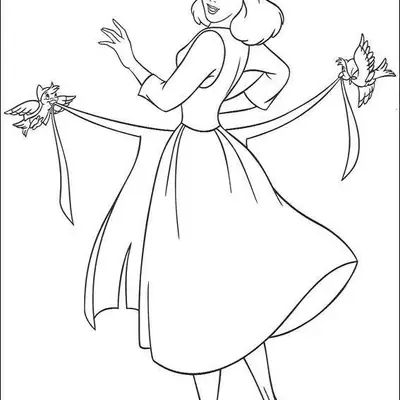 Desenho de contorno da Cinderela com seu traje de camponesa, vista de costas e sorrindo, enquanto dois passarinhos voam segurando as fitas de seu avental.