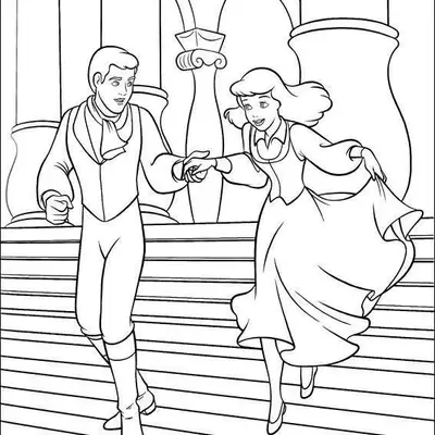 Desenho de contorno da Cinderela segurando a saia e o Príncipe Encantado correndo de mãos dadas em uma escadaria larga com colunas ao fundo.