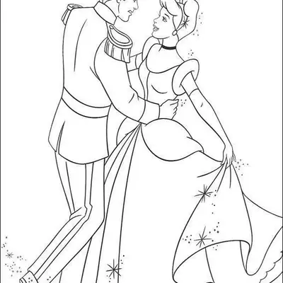 Desenho de contorno da Cinderela em seu vestido de baile e o Príncipe Encantado dançando abraçados, com pequenas estrelas e brilhos ao redor.