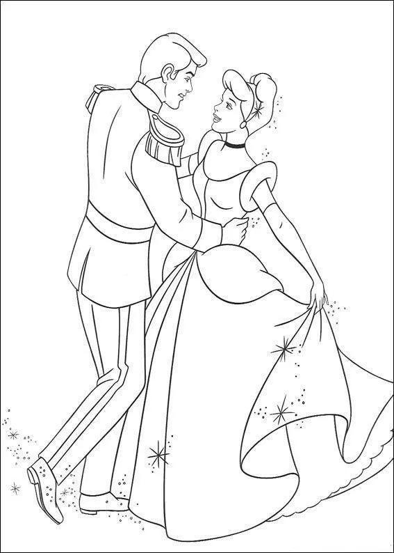 Desenho de contorno da Cinderela em seu vestido de baile e o Príncipe Encantado dançando abraçados, com pequenas estrelas e brilhos ao redor.