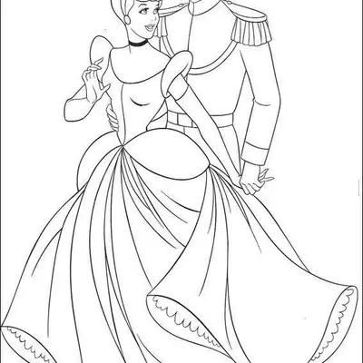 Desenho de contorno da Cinderela com seu vestido de baile e penteado real, abraçada pelo Príncipe Encantado que veste seu uniforme de gala.