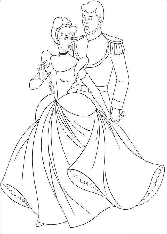 Desenho de contorno da Cinderela com seu vestido de baile e penteado real, abraçada pelo Príncipe Encantado que veste seu uniforme de gala.