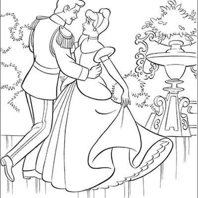 Desenho de contorno da Cinderela e do Príncipe Encantado dançando, com um jardim e uma fonte decorada ao fundo.