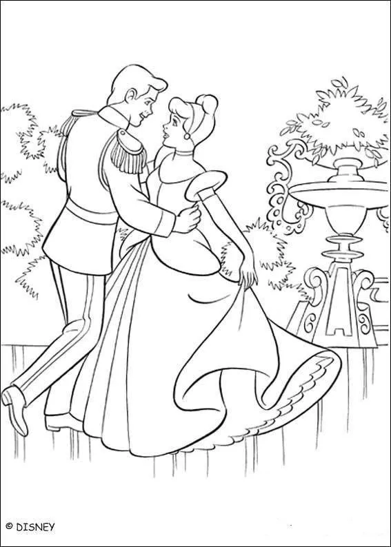 Desenho de contorno da Cinderela e do Príncipe Encantado dançando, com um jardim e uma fonte decorada ao fundo.