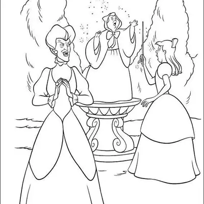 Desenho de contorno mostrando a Madrasta da Cinderela em primeiro plano, a Fada Madrinha sobre um pedestal fazendo magia com sua varinha e a Cinderela observando.