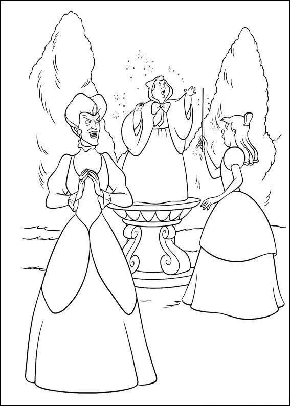 Desenho de contorno mostrando a Madrasta da Cinderela em primeiro plano, a Fada Madrinha sobre um pedestal fazendo magia com sua varinha e a Cinderela observando.
