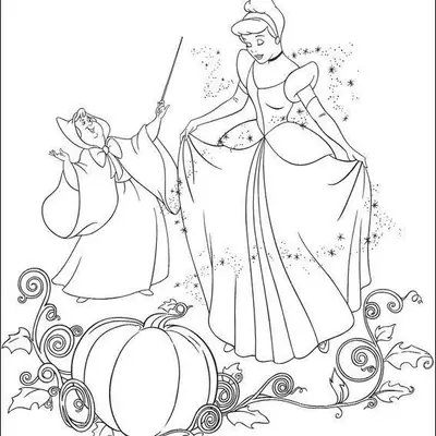 Desenho de contorno da Fada Madrinha agitando sua varinha enquanto faíscas mágicas cercam a Cinderela, que veste um longo traje de gala.