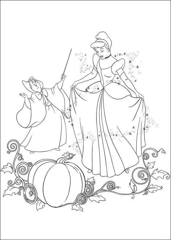 Desenho de contorno da Fada Madrinha agitando sua varinha enquanto faíscas mágicas cercam a Cinderela, que veste um longo traje de gala.