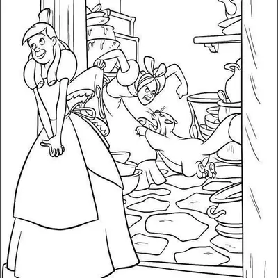 Desenho de contorno da Cinderela em pé na frente de uma porta, enquanto ao fundo uma de suas irmãs corre atrás do gato Lúcifer em uma cozinha cheia de panelas.