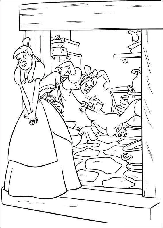 Desenho de contorno da Cinderela em pé na frente de uma porta, enquanto ao fundo uma de suas irmãs corre atrás do gato Lúcifer em uma cozinha cheia de panelas.