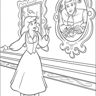 Desenho de contorno da Cinderela em um corredor de castelo, apontando para um quadro oval do Príncipe Encantado com os ratinhos Tatá e Jaq.