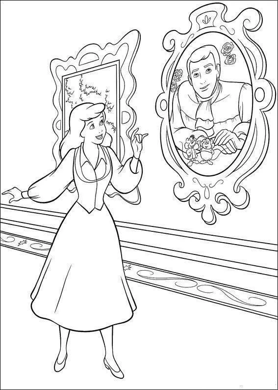 Desenho de contorno da Cinderela em um corredor de castelo, apontando para um quadro oval do Príncipe Encantado com os ratinhos Tatá e Jaq.