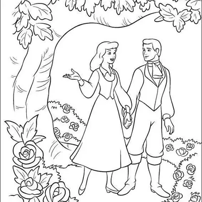 Desenho de contorno da Cinderela com seu vestido simples e o Príncipe Encantado de mãos dadas em um jardim com muitas rosas e árvores ao fundo.
