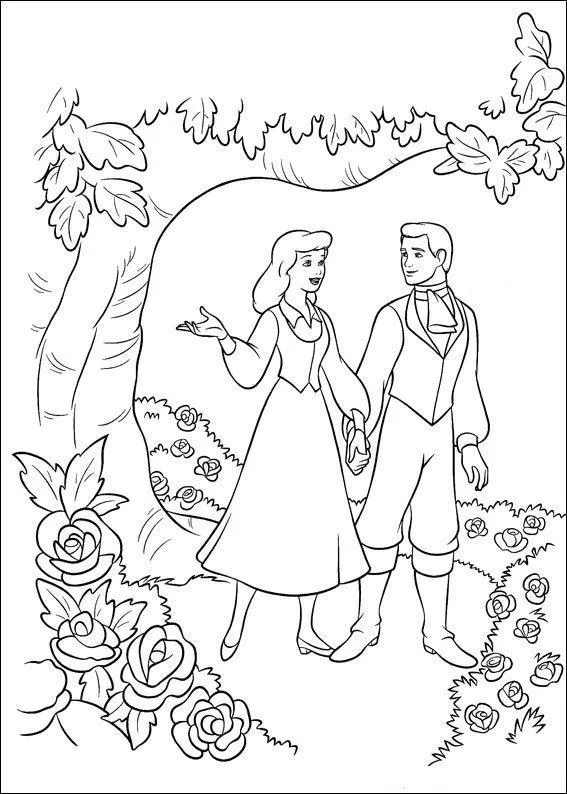 Desenho de contorno da Cinderela com seu vestido simples e o Príncipe Encantado de mãos dadas em um jardim com muitas rosas e árvores ao fundo.