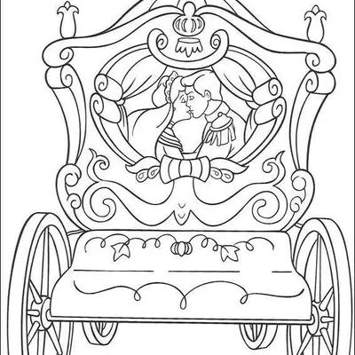 Desenho de contorno da parte traseira de uma carruagem real ornamentada, com a silhueta da Cinderela e do Príncipe se beijando vista pela janela.