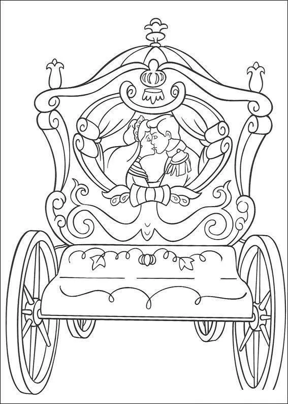 Desenho de contorno da parte traseira de uma carruagem real ornamentada, com a silhueta da Cinderela e do Príncipe se beijando vista pela janela.
