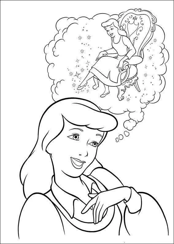 Desenho de contorno da Cinderela em primeiro plano com um balão de pensamento acima dela mostrando-a sentada em um trono elegante com faíscas mágicas.