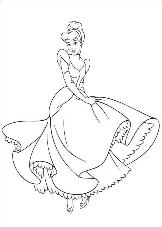 Desenho de contorno da Cinderela sorrindo enquanto gira, segurando as bordas de seu vestido de baile volumoso que mostra camadas de babados.
