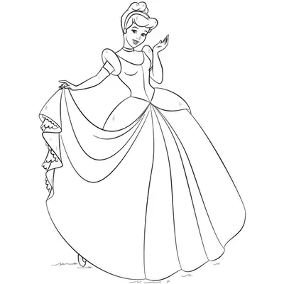 Desenho de contorno da princesa Cinderela usando seu vestido de baile bufante, luvas e penteado de coque, segurando a barra da saia com babados.