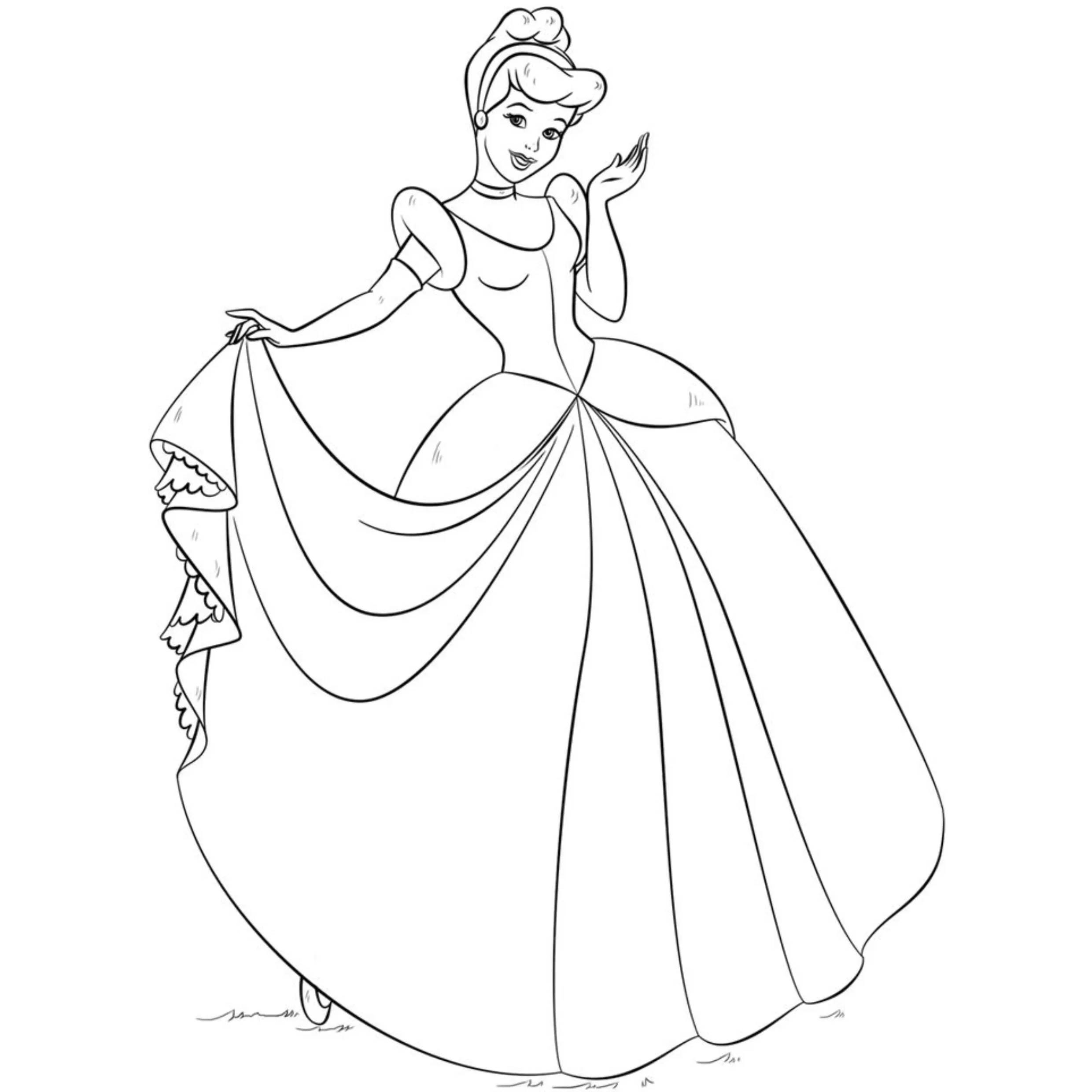 Desenho de contorno da princesa Cinderela usando seu vestido de baile bufante, luvas e penteado de coque, segurando a barra da saia com babados.