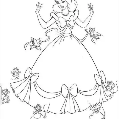 Desenho de contorno da Cinderela em pé, usando um vestido longo com grandes laços, rodeada por passarinhos voando com fitas e ratinhos alegres ao redor da saia.
