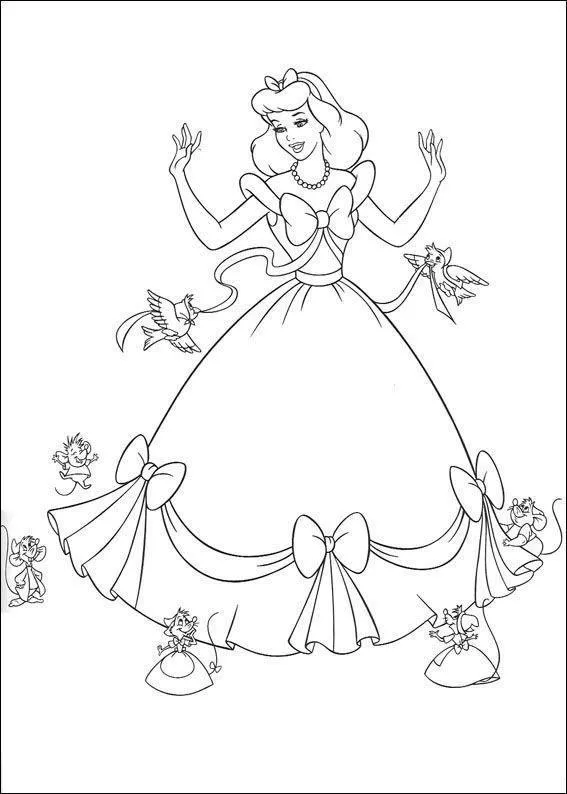 Desenho de contorno da Cinderela em pé, usando um vestido longo com grandes laços, rodeada por passarinhos voando com fitas e ratinhos alegres ao redor da saia.