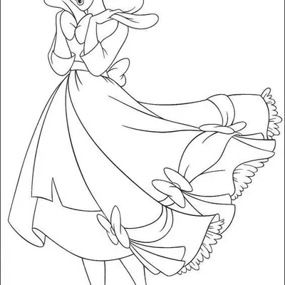 Desenho de contorno da Cinderela sorrindo com as mãos no queixo, usando um vestido longo com grandes laços e babados na barra.