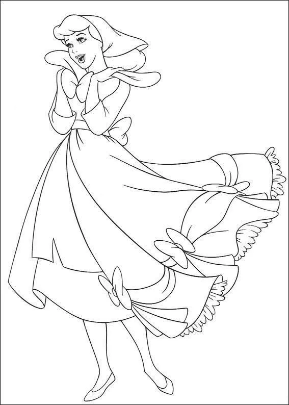 Desenho de contorno da Cinderela sorrindo com as mãos no queixo, usando um vestido longo com grandes laços e babados na barra.