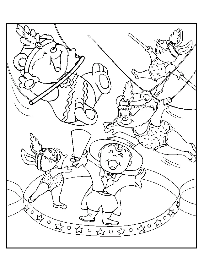 Desenho de contorno de um pequeno apresentador de cartola no picadeiro, cercado por ursos e coelhos trapezistas usando fantasias com penas.