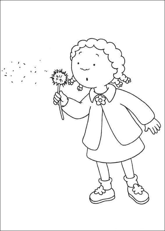 Desenho de contorno da personagem Clementine segurando um dente-de-leão, com sementes voando ao redor, usando vestido e casaco.