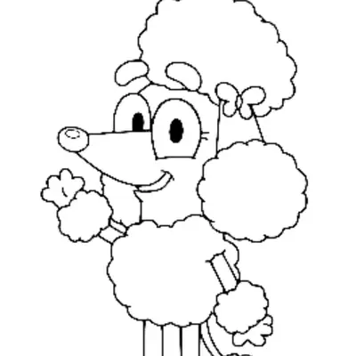 Desenho de contorno da personagem Coco da série Bluey, uma poodle com pelo muito volumoso e um laço na cabeça, com o nome COCO escrito acima.