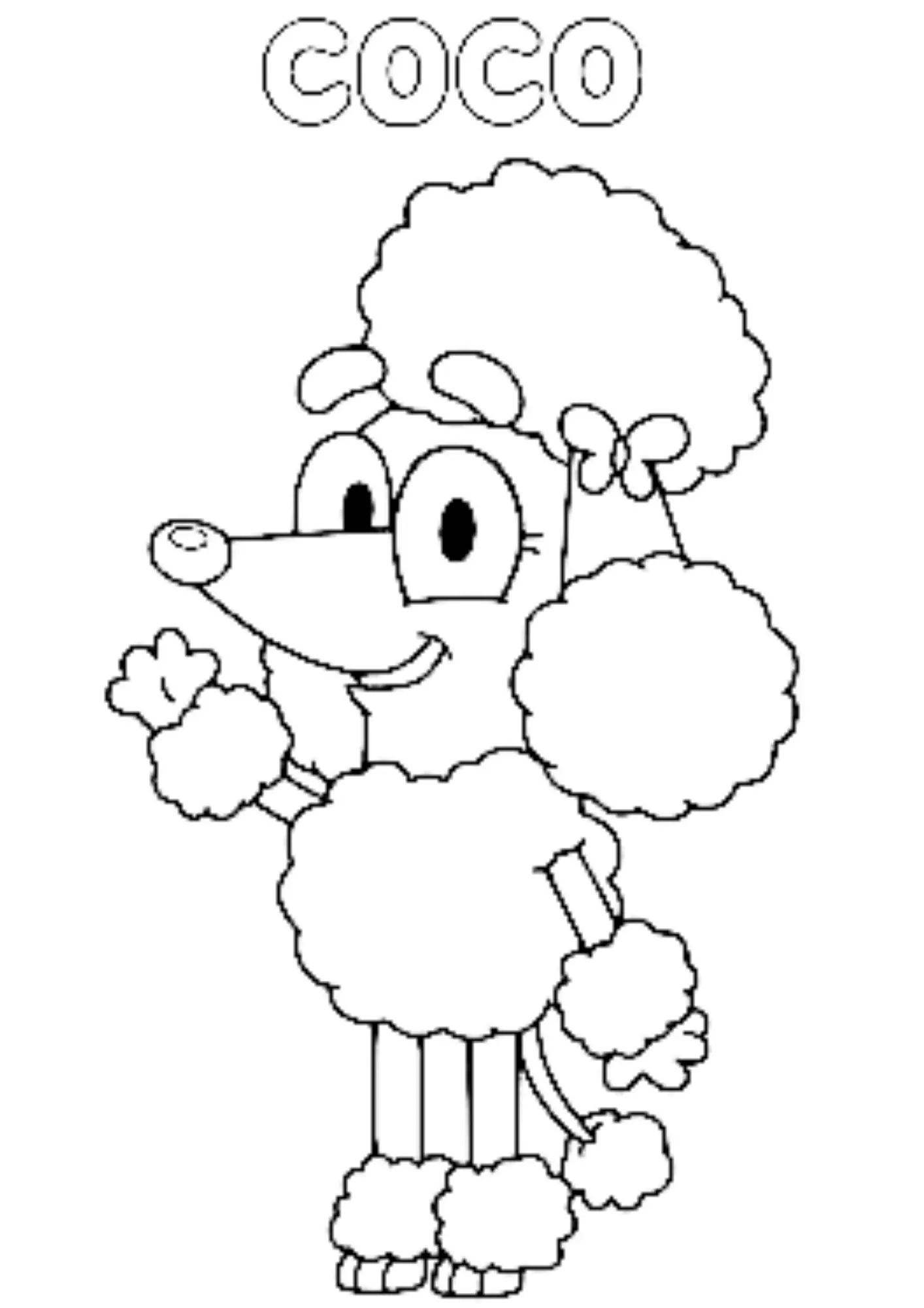 Desenho de contorno da personagem Coco da série Bluey, uma poodle com pelo muito volumoso e um laço na cabeça, com o nome COCO escrito acima.