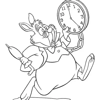 Desenho para colorir do Coelho Branco de Alice no País das Maravilhas, correndo, com a boca aberta de sustopressa, segurando um relógio grande e um guarda-chuva.