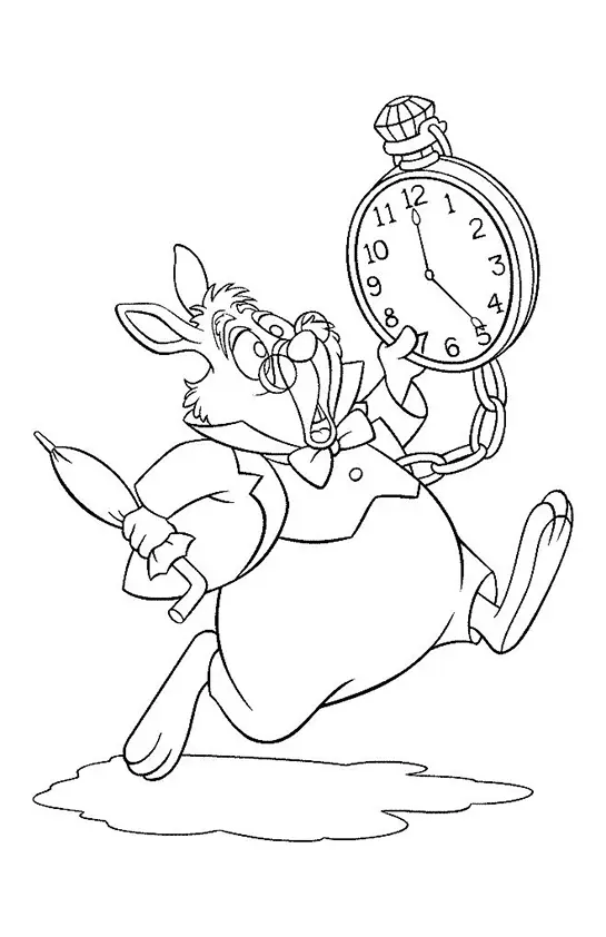 Desenho para colorir do Coelho Branco de Alice no País das Maravilhas, correndo, com a boca aberta de sustopressa, segurando um relógio grande e um guarda-chuva.