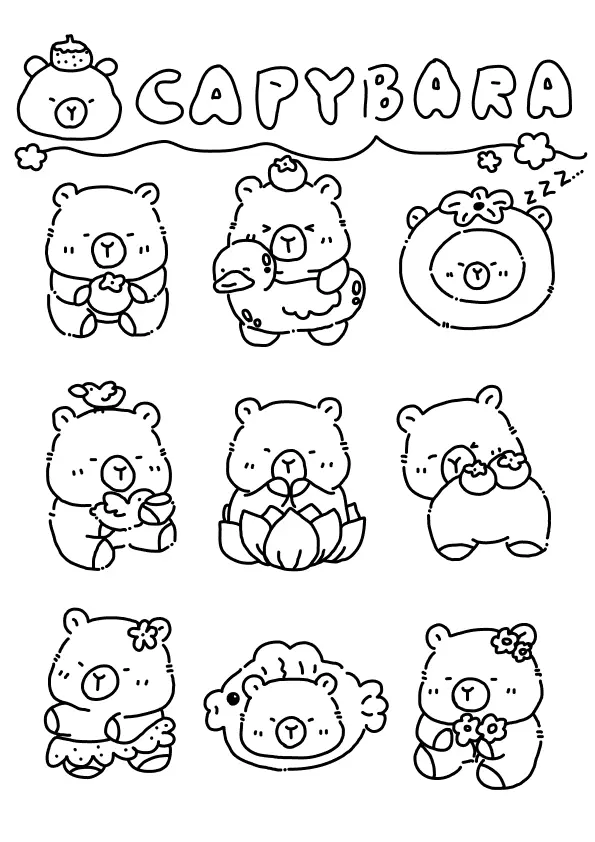 Desenho de contorno com o título CAPYBARA no topo e nove ilustrações de pequenas capivaras redondinhas em poses variadas com acessórios de natureza.