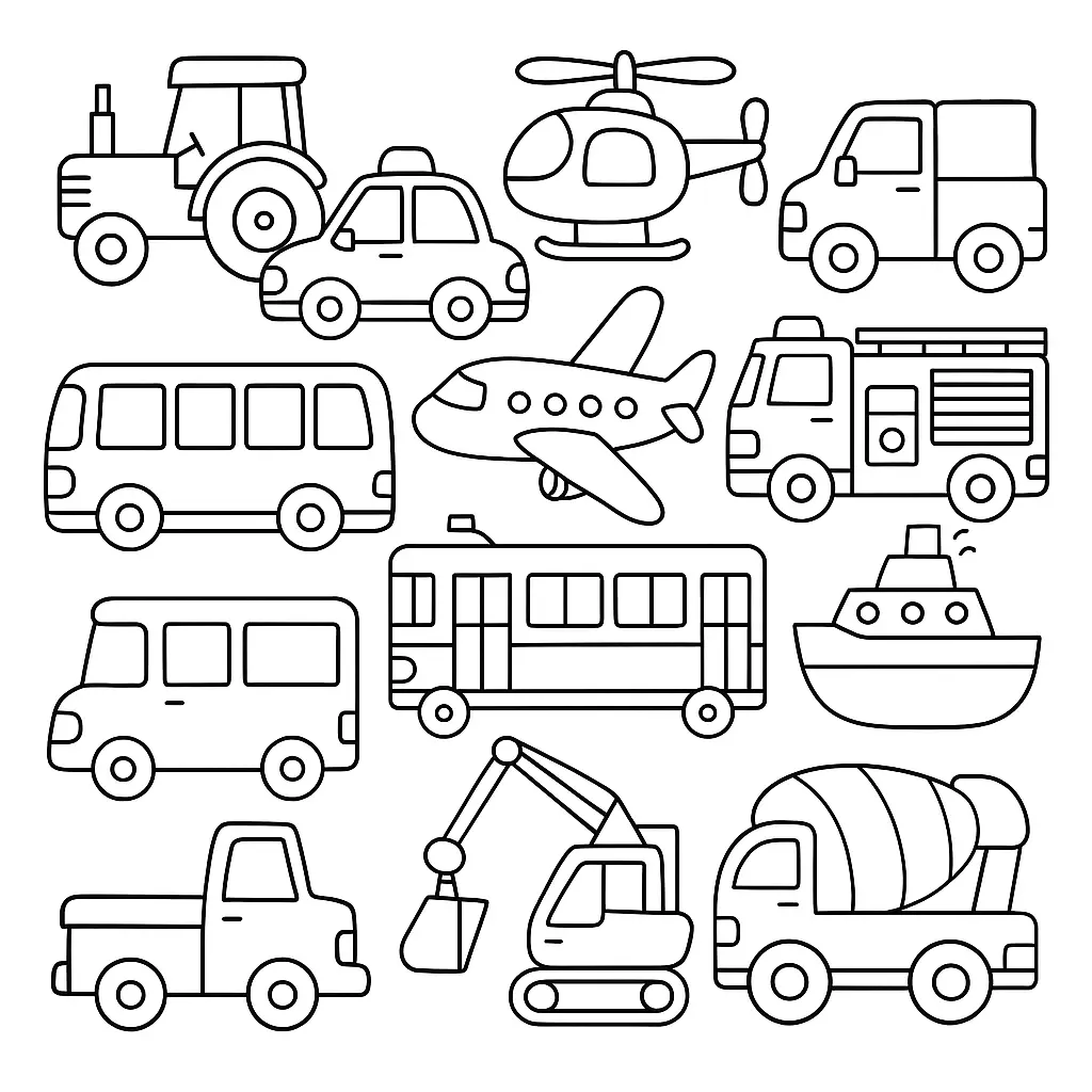 Desenho de contorno de 13 veículos variados: trator, helicóptero, avião, navio, ônibus, caminhão de bombeiros, escavadeira e betoneira.