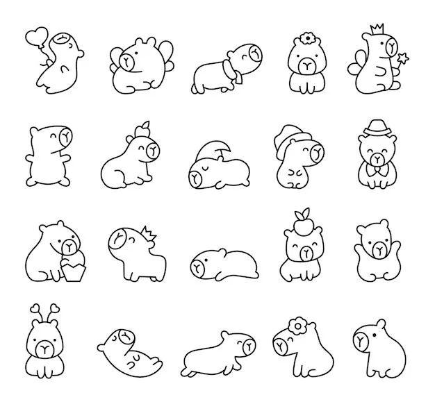 Desenho de contorno com 20 pequenas capivaras em estilo ícone; inclui capivara com coroa, com corações, dormindo, de laço e com frutas na cabeça.