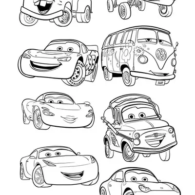 Desenho de contorno reunindo nove personagens de Carros: Mate, Ramone, McQueen, Fillmore, Sally, Luigi, Cruz Ramirez e Doc Hudson.