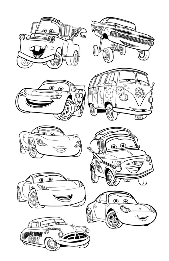 Desenho de contorno reunindo nove personagens de Carros: Mate, Ramone, McQueen, Fillmore, Sally, Luigi, Cruz Ramirez e Doc Hudson.